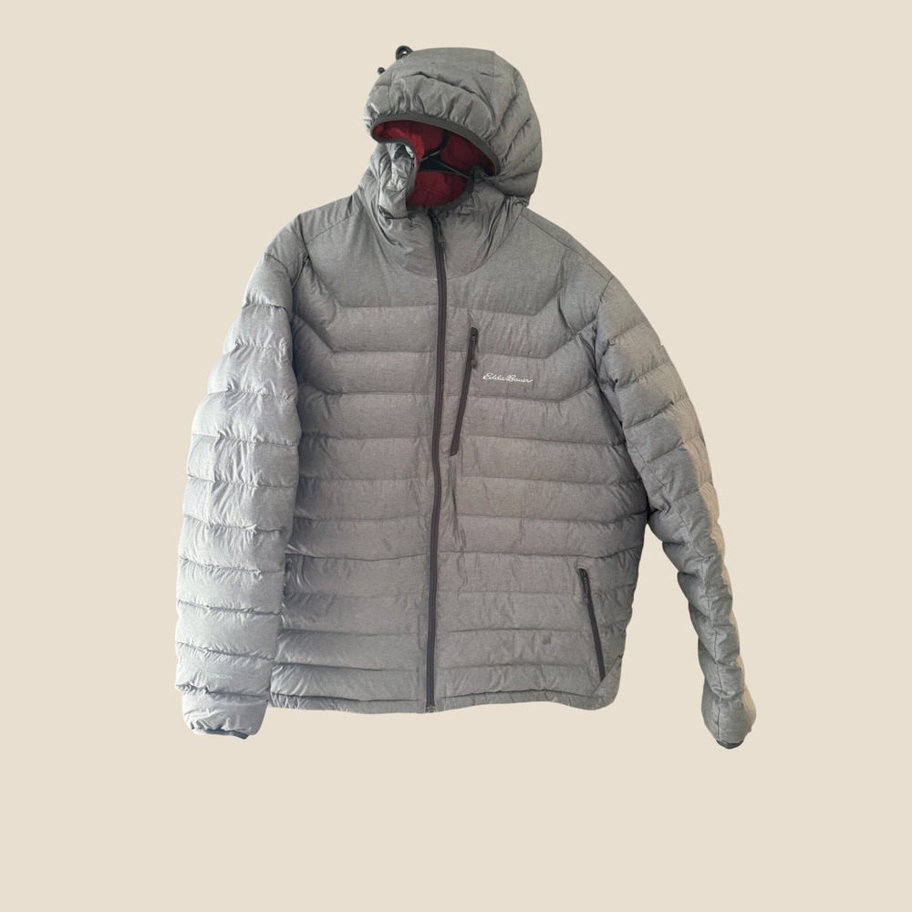 Eddie Bauer First Ascent Downlight Hooded Jacket Mens 2XL Grey Goose Down Puffer